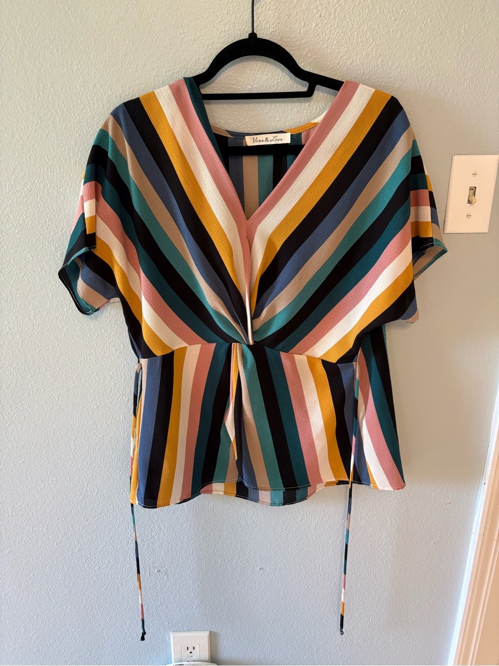 Vero & Vero Striped V-Neck Tie-Front Blouse in Multi-Color